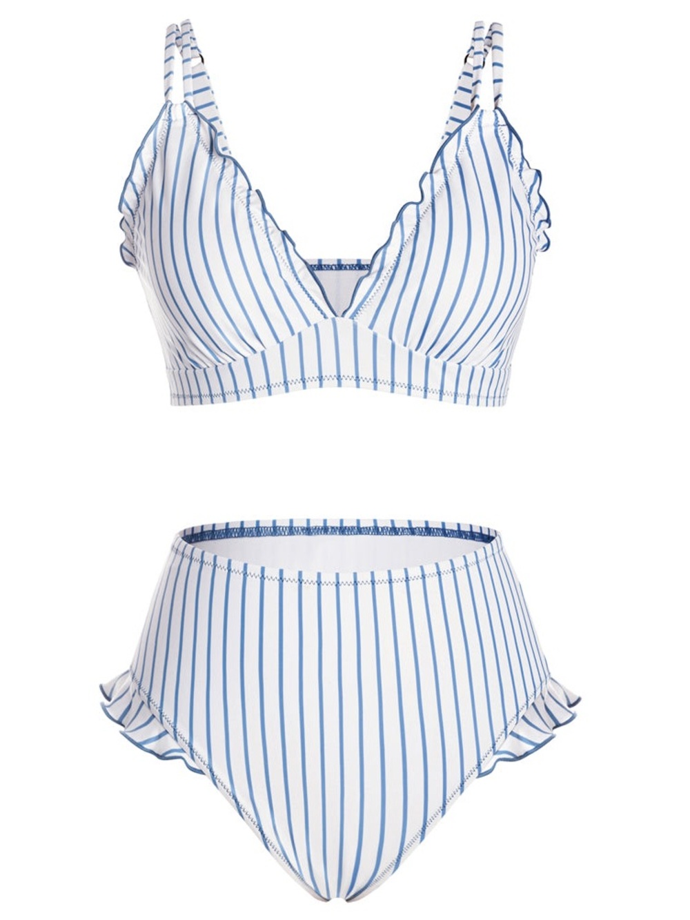 Hanna Nikole High Waisted Retro Bikini Ruffle Set, Blue White Beachwear Size S